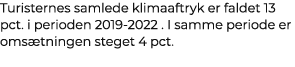 Turisternes samlede klimaaftryk er faldet 13 pct. i perioden 2019 2022 . I samme periode er oms tningen steget 4 pct. 