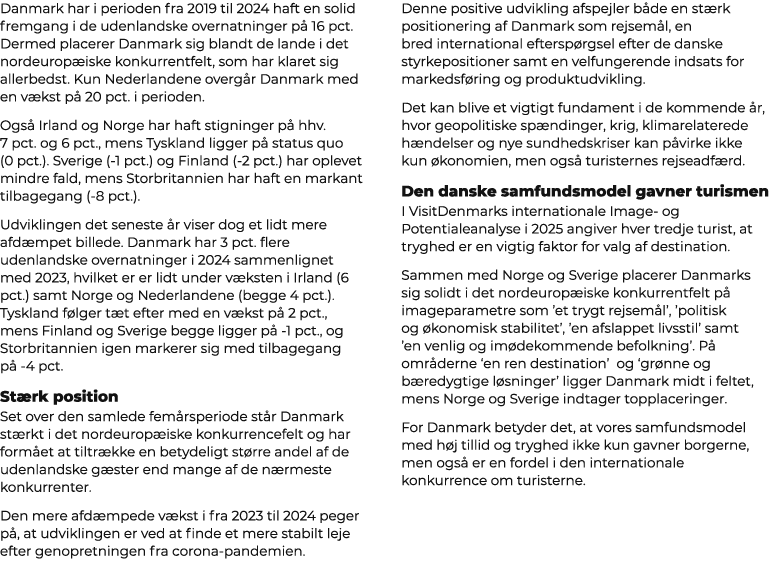 Danmark har i perioden fra 2019 til 2024 haft en solid fremgang i de udenlandske overnatninger p 16 pct. Dermed plac...