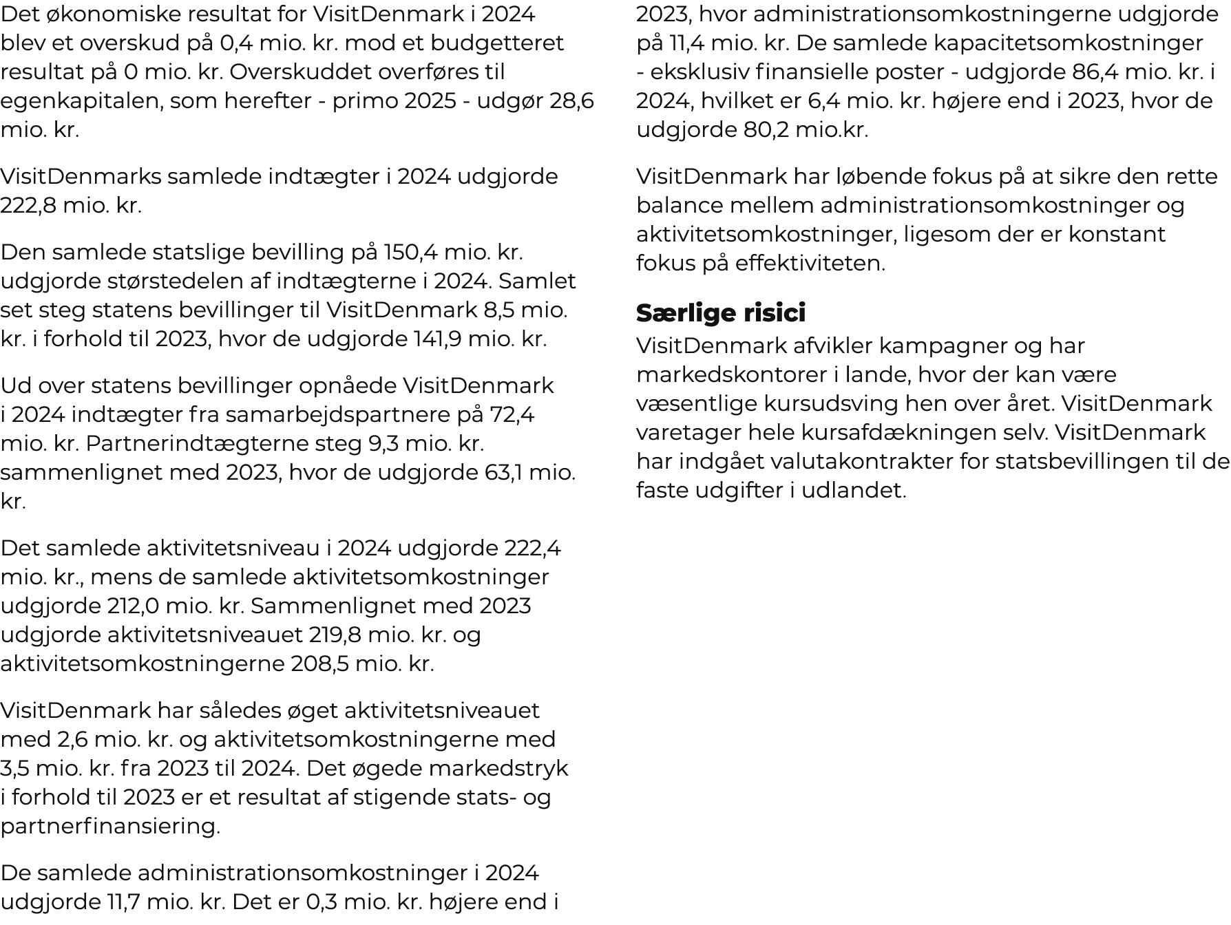 Det konomiske resultat for VisitDenmark i 2024 blev et overskud p  0,4 mio. kr. mod et budgetteret resultat p  0 mio...